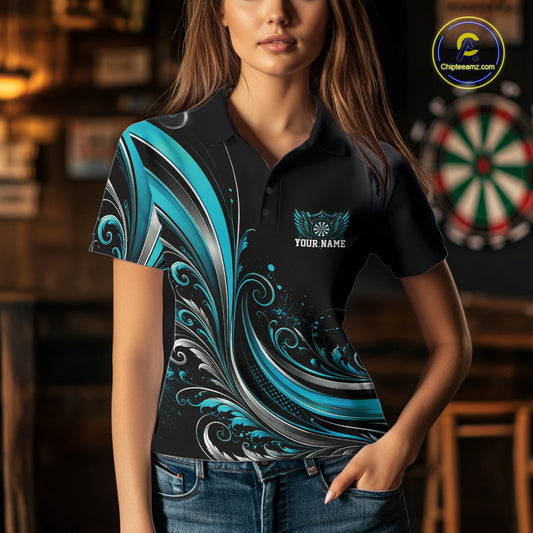 Custom Turquoise Blue Swirls Crossed Darts And Dartboard With Wings Women Polo Dart Shirt IPHW12087