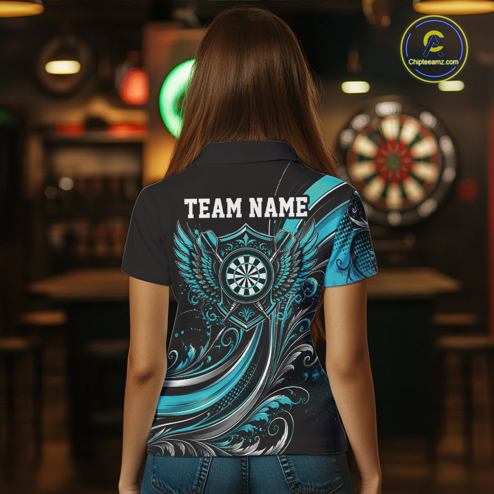 Custom Turquoise Blue Swirls Crossed Darts And Dartboard With Wings Women Polo Dart Shirt IPHW12087