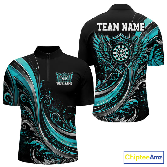 Custom Turquoise Blue Swirls Crossed Darts And Dartboard With Wings Men Quarter Zip Dart Shirt IPHW12087
