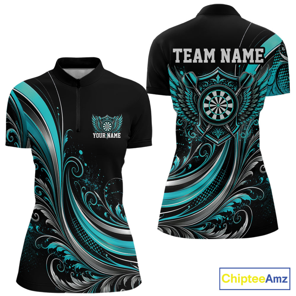 Custom Turquoise Blue Swirls Crossed Darts And Dartboard With Wings Women Dart Shirt IPHW12087