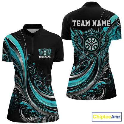 Custom Turquoise Blue Swirls Crossed Darts And Dartboard With Wings Women Dart Shirt IPHW12087