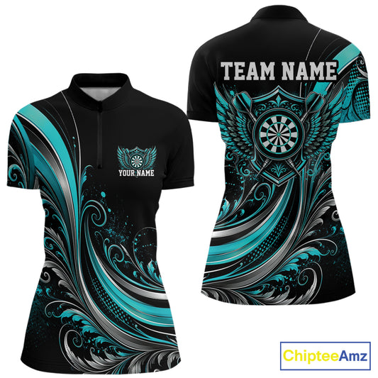 Custom Turquoise Blue Swirls Crossed Darts And Dartboard With Wings Women Dart Shirt IPHW12087