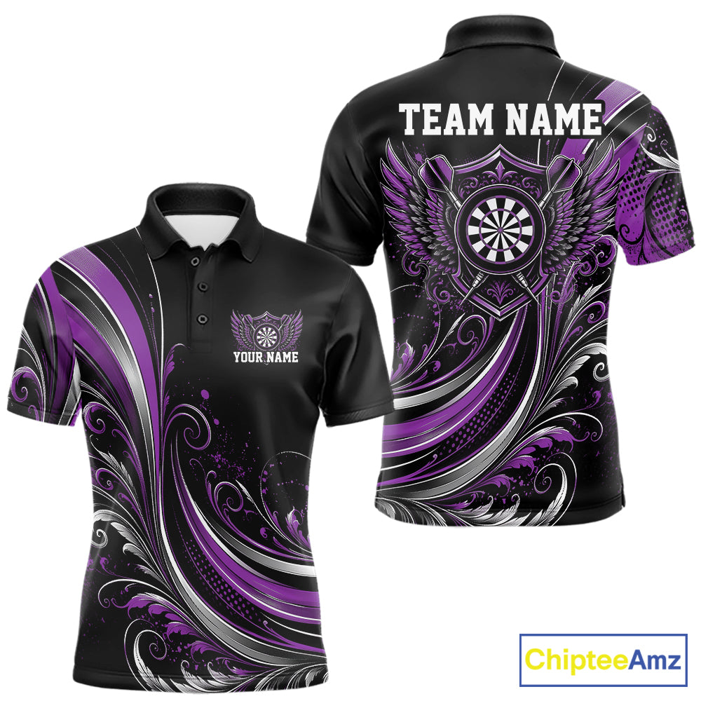 Custom Purple Swirls Crossed Darts And Dartboard Crest With Wings Men Polo Dart Shirt IPHW12088