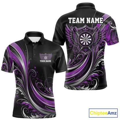 Custom Purple Swirls Crossed Darts And Dartboard Crest With Wings Men Polo Dart Shirt IPHW12088