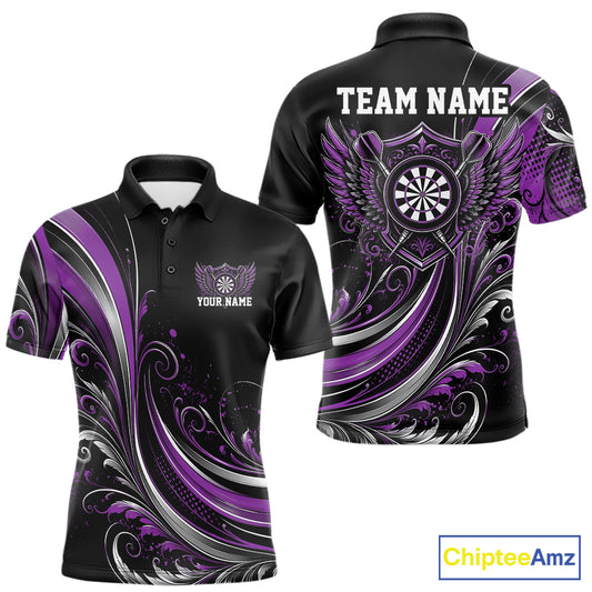 Custom Purple Swirls Crossed Darts And Dartboard Crest With Wings Men Polo Dart Shirt IPHW12088