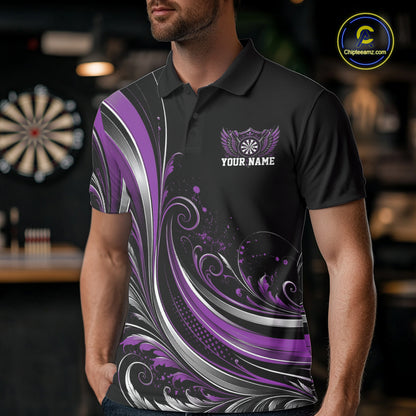 Custom Purple Swirls Crossed Darts And Dartboard Crest With Wings Men Polo Dart Shirt IPHW12088