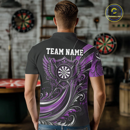 Custom Purple Swirls Crossed Darts And Dartboard Crest With Wings Men Polo Dart Shirt IPHW12088