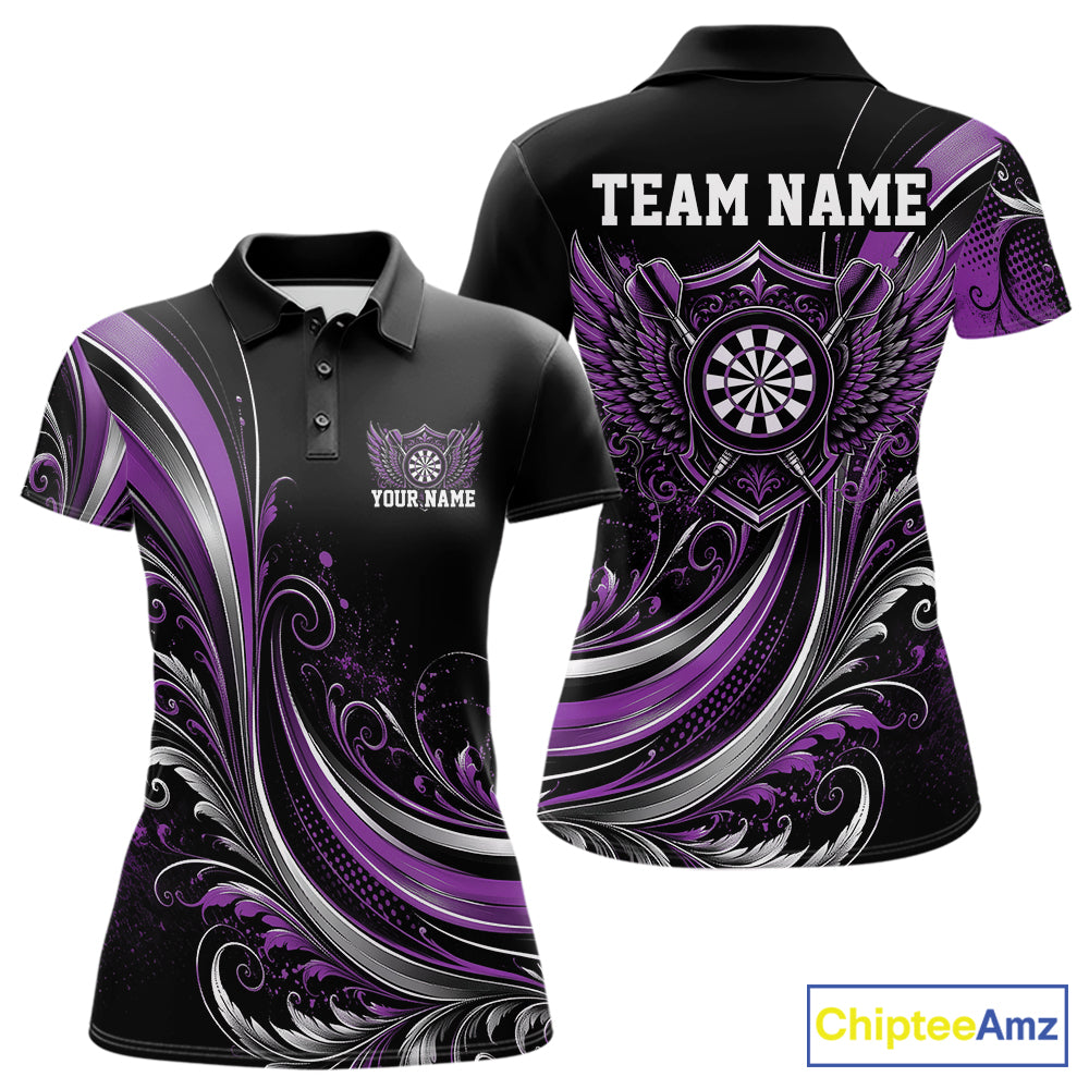Custom Purple Swirls Crossed Darts And Dartboard Crest With Wings Women Polo Dart Shirt IPHW12088