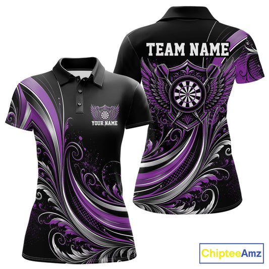 Custom Purple Swirls Crossed Darts And Dartboard Crest With Wings Women Polo Dart Shirt IPHW12088