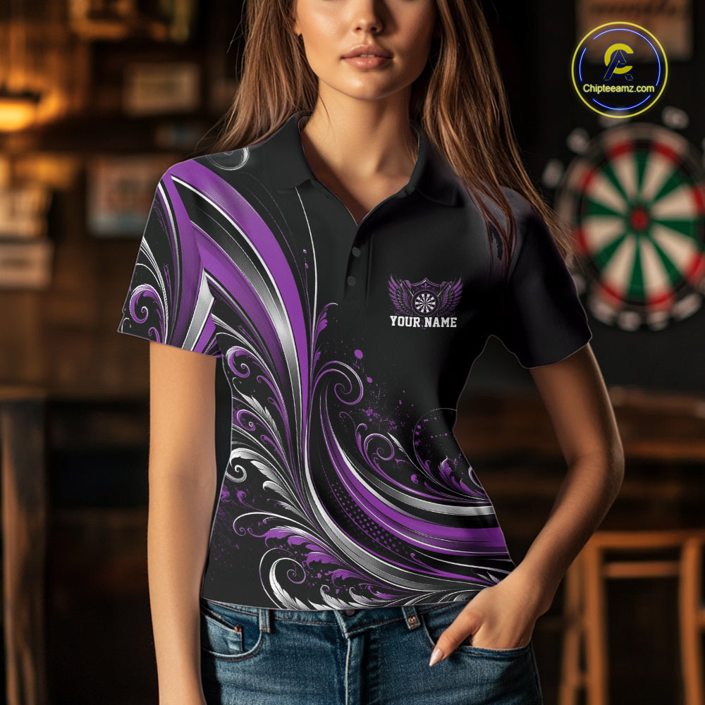 Custom Purple Swirls Crossed Darts And Dartboard Crest With Wings Women Polo Dart Shirt IPHW12088