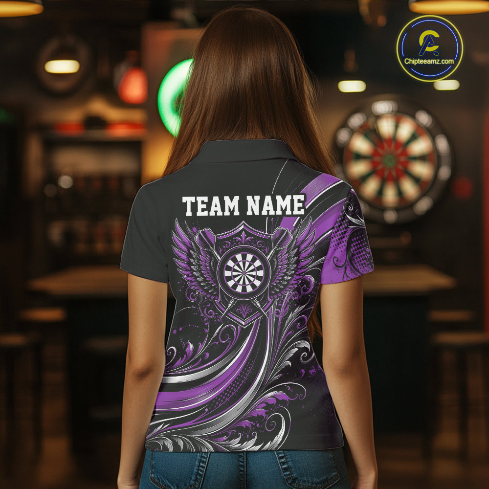 Custom Purple Swirls Crossed Darts And Dartboard Crest With Wings Women Polo Dart Shirt IPHW12088