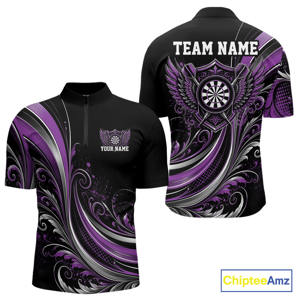 Custom Purple Swirls Crossed Darts And Dartboard Crest With Wings Men Quarter Zip Dart Shirt IPHW12088