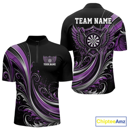 Custom Purple Swirls Crossed Darts And Dartboard Crest With Wings Men Quarter Zip Dart Shirt IPHW12088