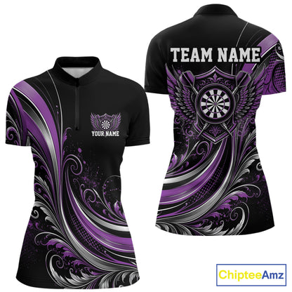 Custom Purple Swirls Crossed Darts And Dartboard Crest With Wings Women Dart Shirt IPHW12088