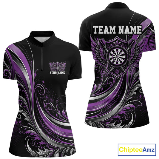 Custom Purple Swirls Crossed Darts And Dartboard Crest With Wings Women Dart Shirt IPHW12088