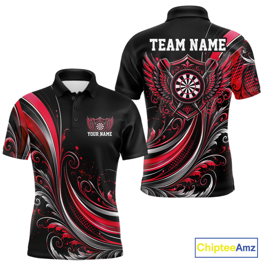 Custom Red Swirls Crossed Darts And Dartboard Crest With Wings Men Polo Dart Shirt IPHW12089