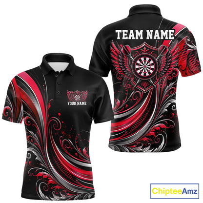 Custom Red Swirls Crossed Darts And Dartboard Crest With Wings Men Polo Dart Shirt IPHW12089
