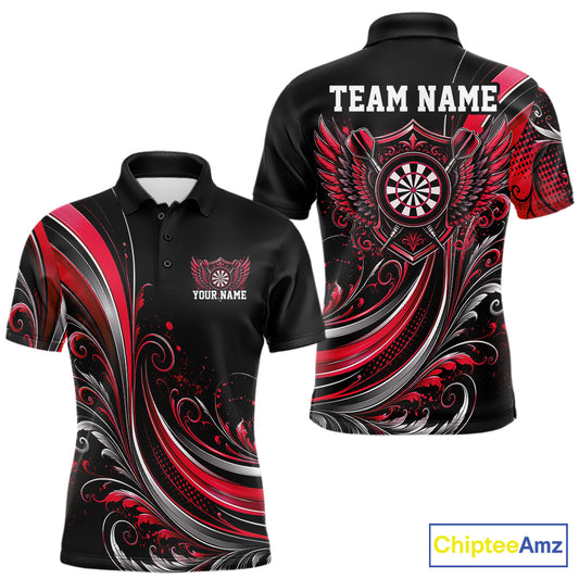 Custom Red Swirls Crossed Darts And Dartboard Crest With Wings Men Polo Dart Shirt IPHW12089