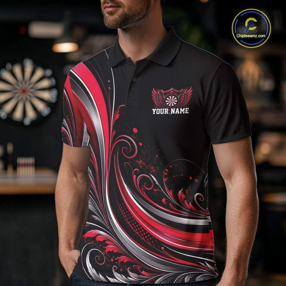 Custom Red Swirls Crossed Darts And Dartboard Crest With Wings Men Polo Dart Shirt IPHW12089