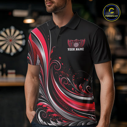 Custom Red Swirls Crossed Darts And Dartboard Crest With Wings Men Polo Dart Shirt IPHW12089