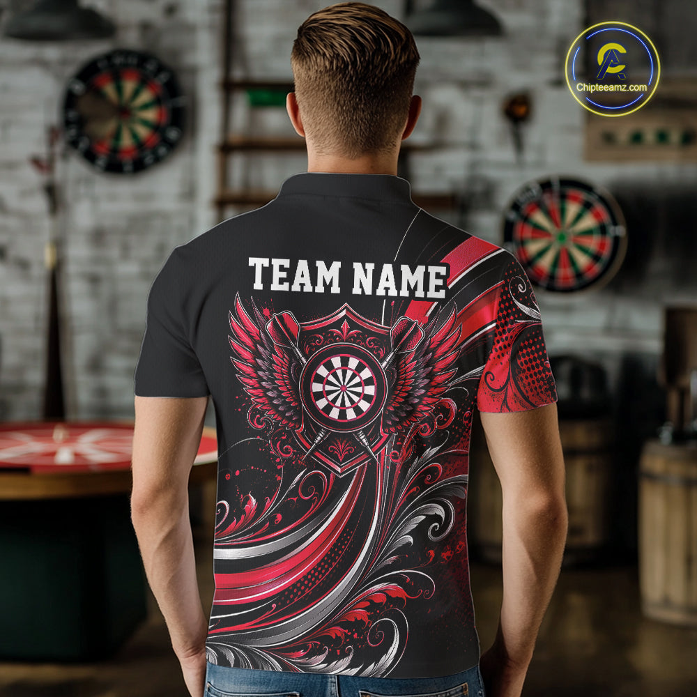 Custom Red Swirls Crossed Darts And Dartboard Crest With Wings Men Polo Dart Shirt IPHW12089
