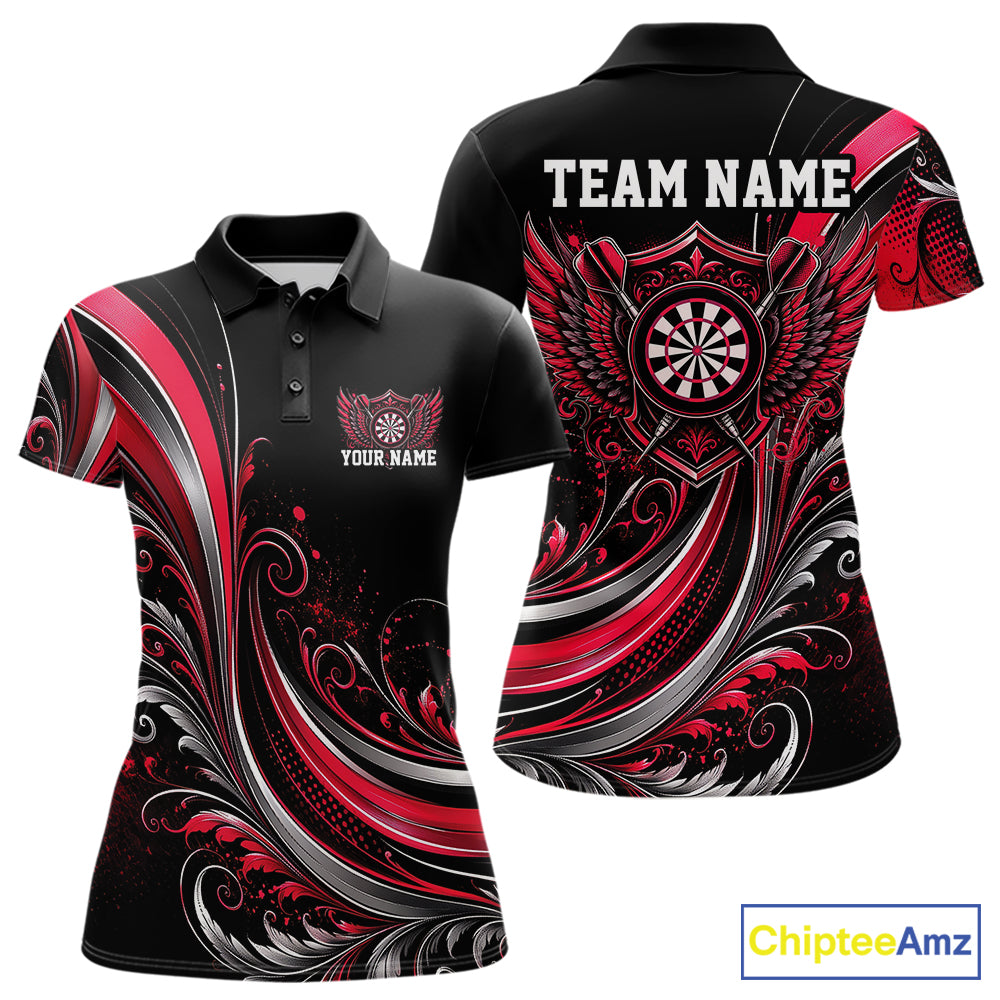 Custom Red Swirls Crossed Darts And Dartboard Crest With Wings Women Polo Dart Shirt IPHW12089