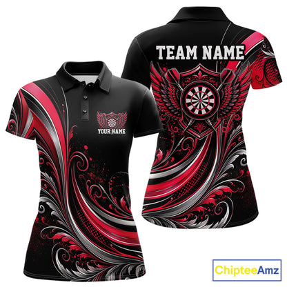 Custom Red Swirls Crossed Darts And Dartboard Crest With Wings Women Polo Dart Shirt IPHW12089