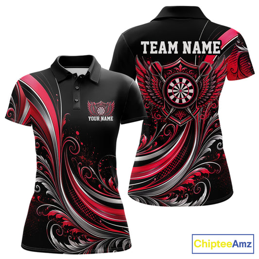 Custom Red Swirls Crossed Darts And Dartboard Crest With Wings Women Polo Dart Shirt IPHW12089