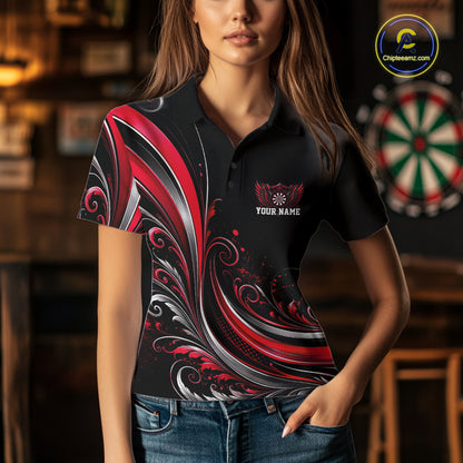 Custom Red Swirls Crossed Darts And Dartboard Crest With Wings Women Polo Dart Shirt IPHW12089