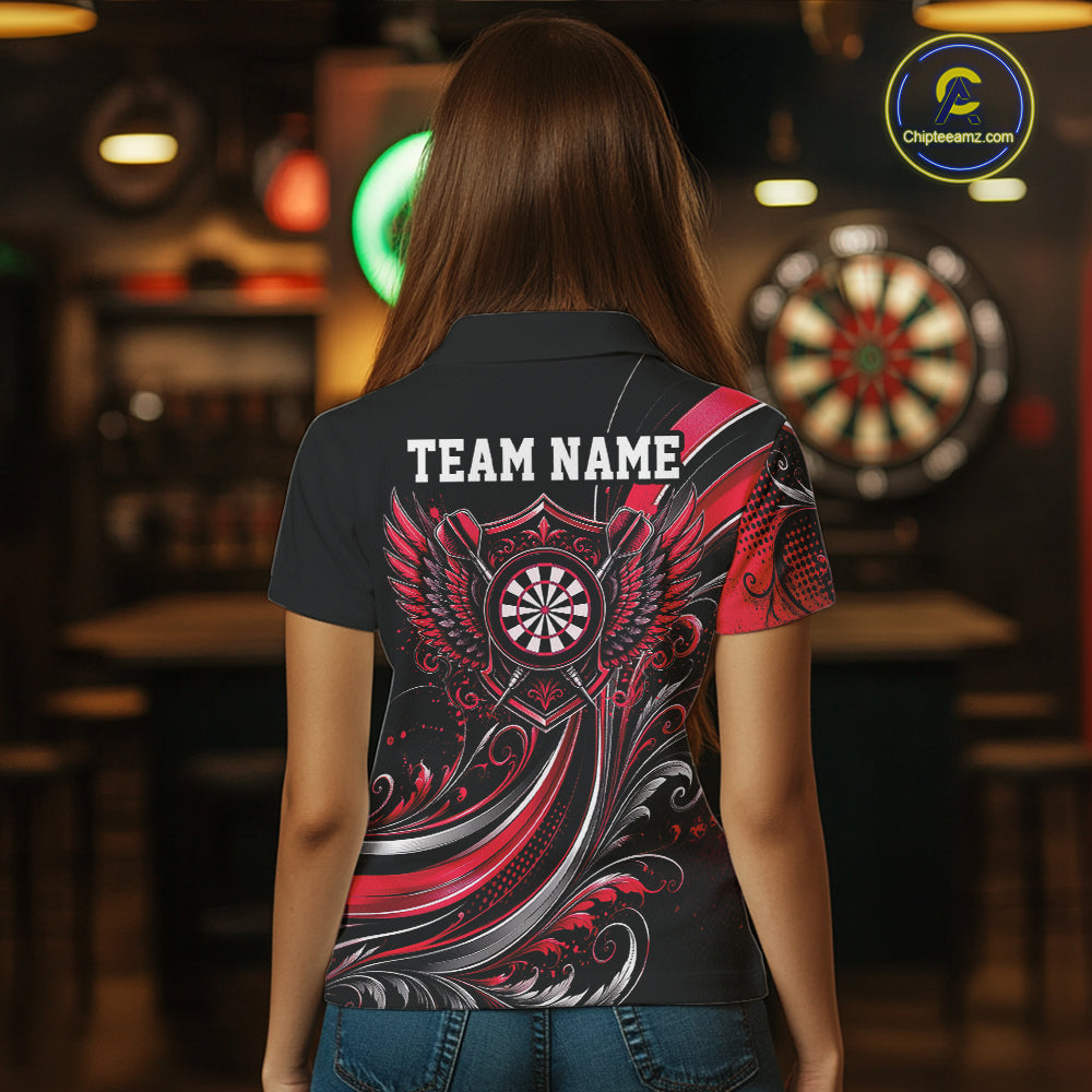 Custom Red Swirls Crossed Darts And Dartboard Crest With Wings Women Polo Dart Shirt IPHW12089