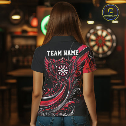 Custom Red Swirls Crossed Darts And Dartboard Crest With Wings Women Polo Dart Shirt IPHW12089
