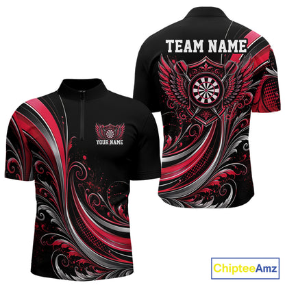 Custom Red Swirls Crossed Darts And Dartboard Crest With Wings Men Quarter Zip Dart Shirt IPHW12089