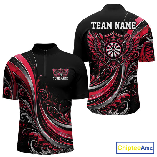 Custom Red Swirls Crossed Darts And Dartboard Crest With Wings Men Quarter Zip Dart Shirt IPHW12089