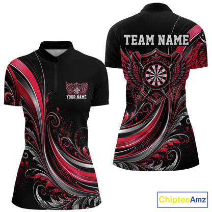 Custom Red Swirls Crossed Darts And Dartboard Crest With Wings Women Dart Shirt IPHW12089