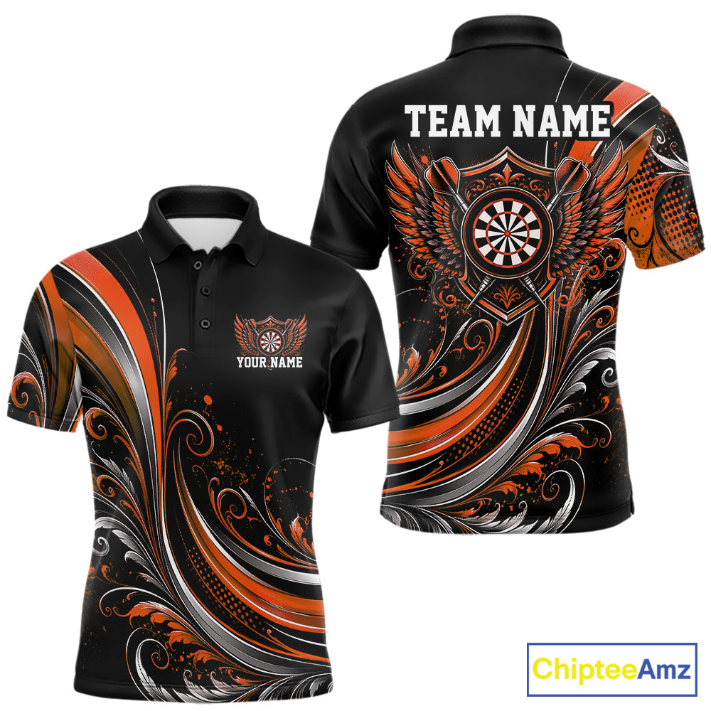 Custom Orange Swirls Crossed Darts And Dartboard Crest With Wings Men Polo Dart Shirt IPHW12090
