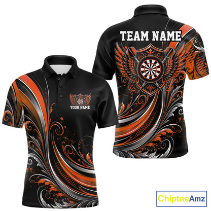 Custom Orange Swirls Crossed Darts And Dartboard Crest With Wings Men Polo Dart Shirt IPHW12090