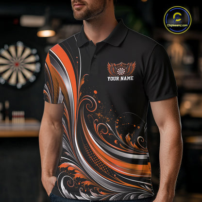 Custom Orange Swirls Crossed Darts And Dartboard Crest With Wings Men Polo Dart Shirt IPHW12090