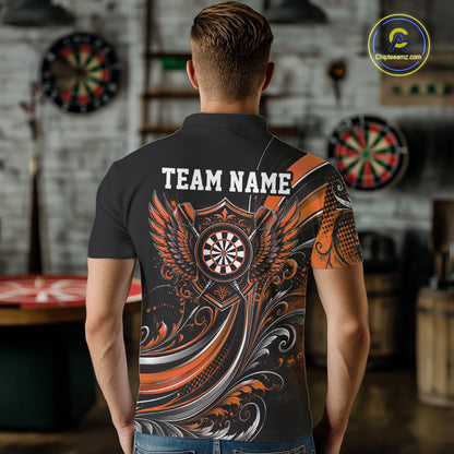 Custom Orange Swirls Crossed Darts And Dartboard Crest With Wings Men Polo Dart Shirt IPHW12090
