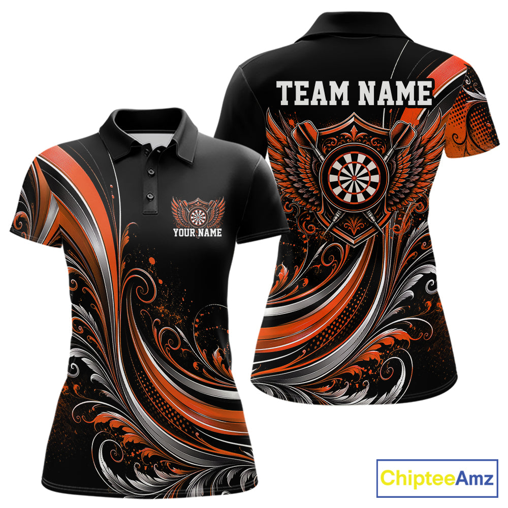 Custom Orange Swirls Crossed Darts And Dartboard Crest With Wings Women Polo Dart Shirt IPHW12090