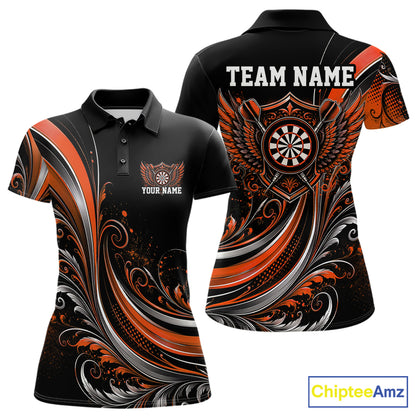 Custom Orange Swirls Crossed Darts And Dartboard Crest With Wings Women Polo Dart Shirt IPHW12090