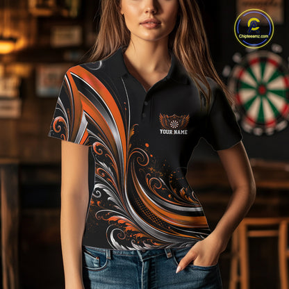 Custom Orange Swirls Crossed Darts And Dartboard Crest With Wings Women Polo Dart Shirt IPHW12090
