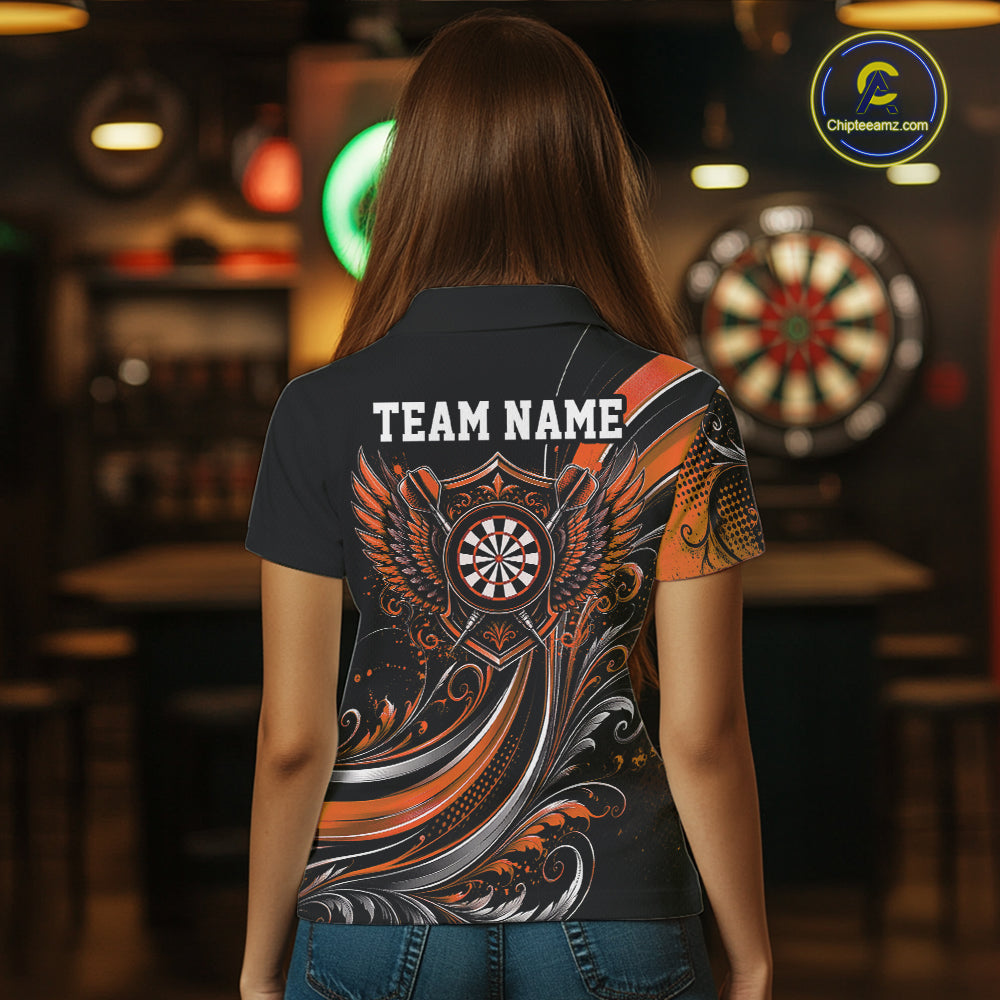 Custom Orange Swirls Crossed Darts And Dartboard Crest With Wings Women Polo Dart Shirt IPHW12090