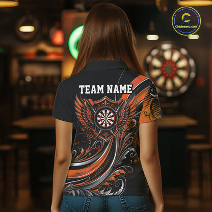 Custom Orange Swirls Crossed Darts And Dartboard Crest With Wings Women Polo Dart Shirt IPHW12090