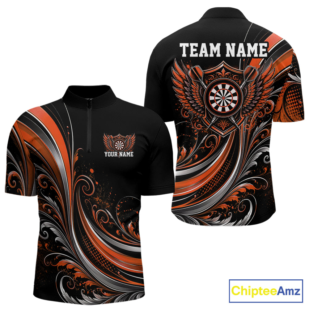 Custom Orange Swirls Crossed Darts And Dartboard Crest With Wings Men Quarter Zip Dart Shirt IPHW12090