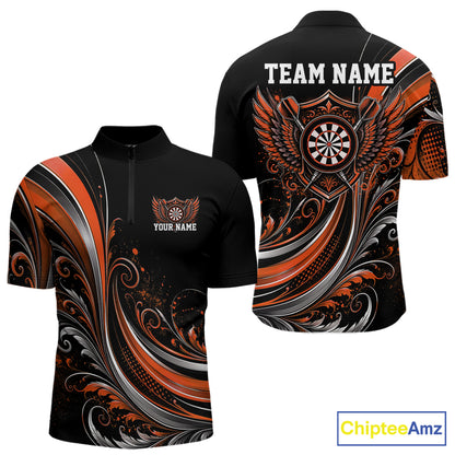 Custom Orange Swirls Crossed Darts And Dartboard Crest With Wings Men Quarter Zip Dart Shirt IPHW12090