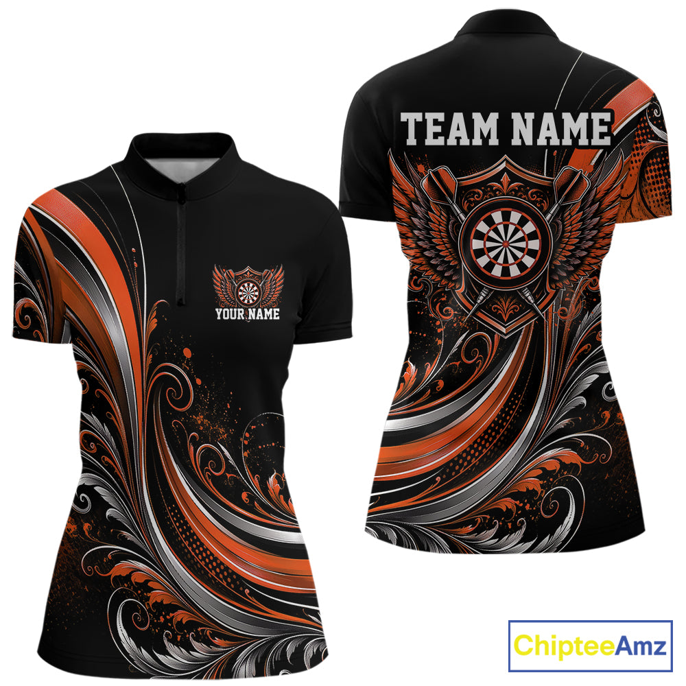 Custom Orange Swirls Crossed Darts And Dartboard Crest With Wings Women Dart Shirt IPHW12090