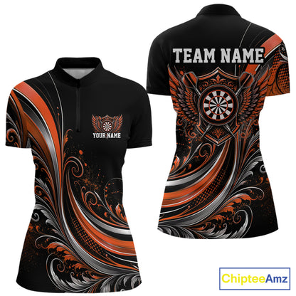 Custom Orange Swirls Crossed Darts And Dartboard Crest With Wings Women Dart Shirt IPHW12090
