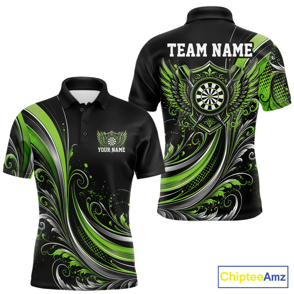Custom Green Swirls Crossed Darts And Dartboard Crest With Wings Men Polo Dart Shirt IPHW12091