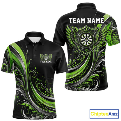 Custom Green Swirls Crossed Darts And Dartboard Crest With Wings Men Polo Dart Shirt IPHW12091