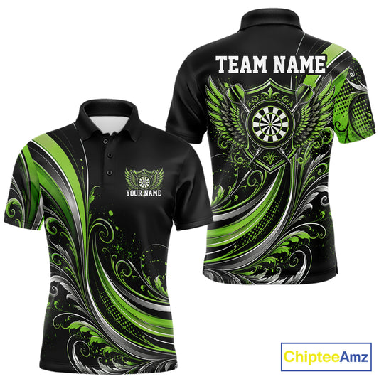 Custom Green Swirls Crossed Darts And Dartboard Crest With Wings Men Polo Dart Shirt IPHW12091